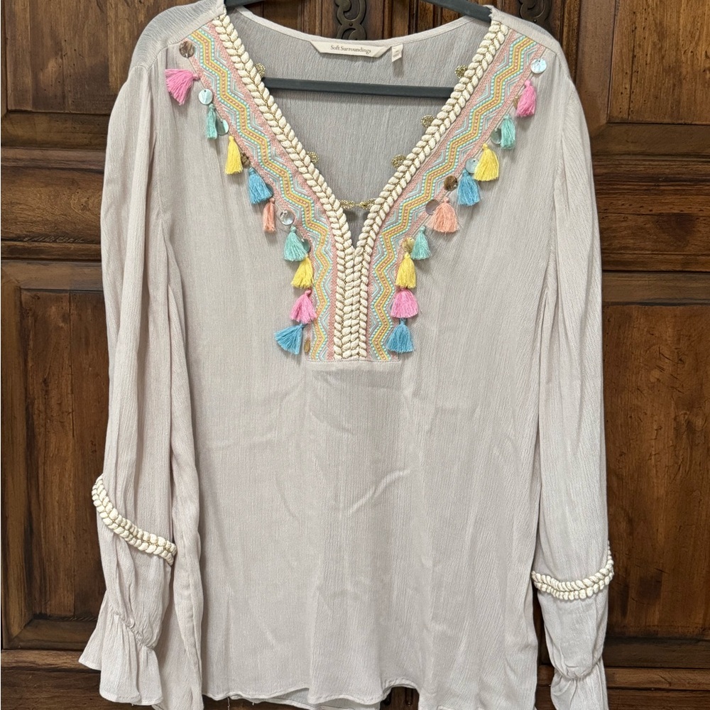 Soft Surroundings Cream V-Neck Long Sleeve Relaxed Blouse with Embellishments